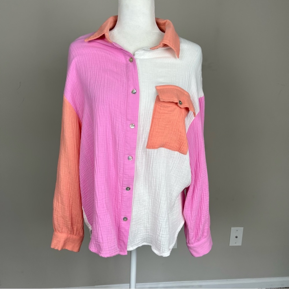 ENTRO COLOR BLOCK BUTTON UP COLLARED COTTON GAUZY TOP SIZE SMALL - Picture 5 of 15